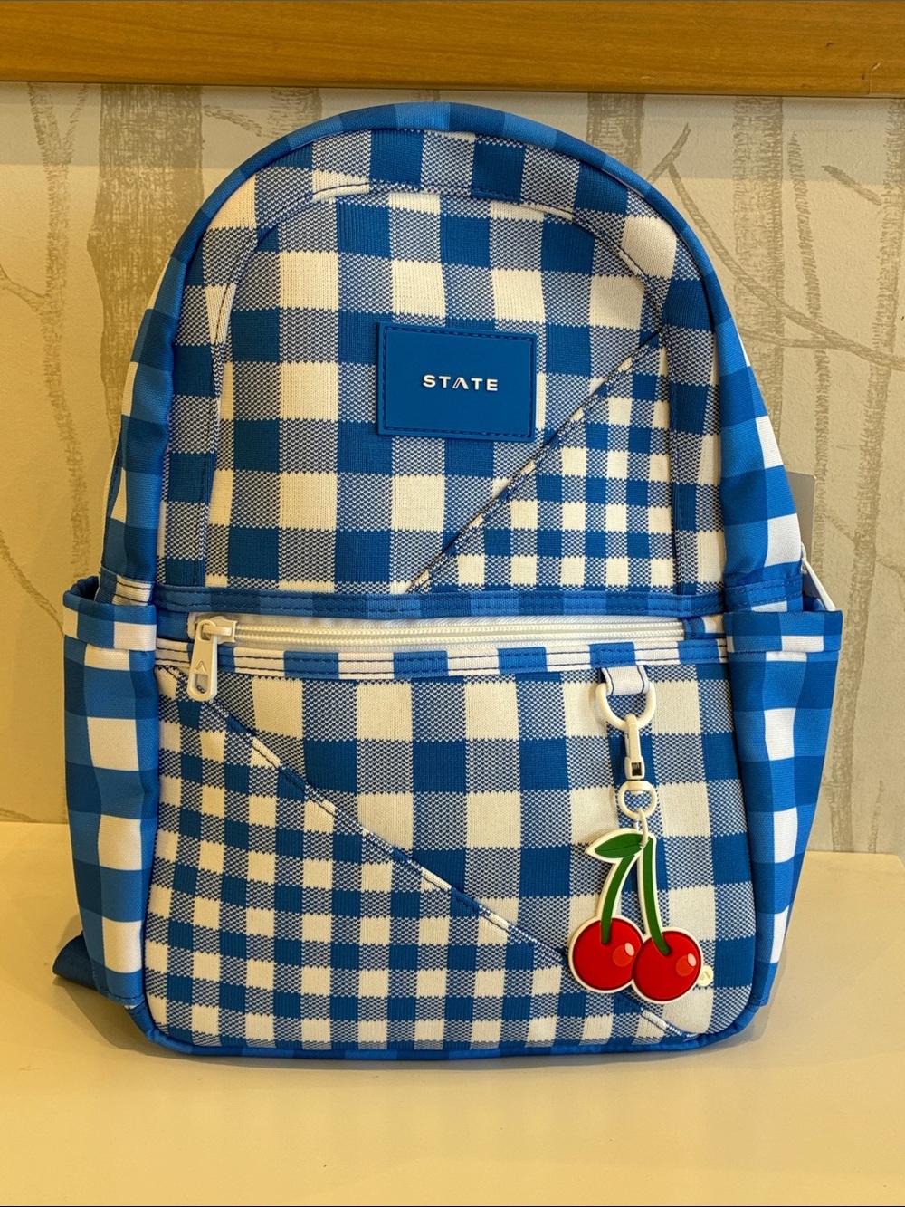 STATE Blue & White Gingham Mini Backpack with Cherry Charm - Picture 9 of 11